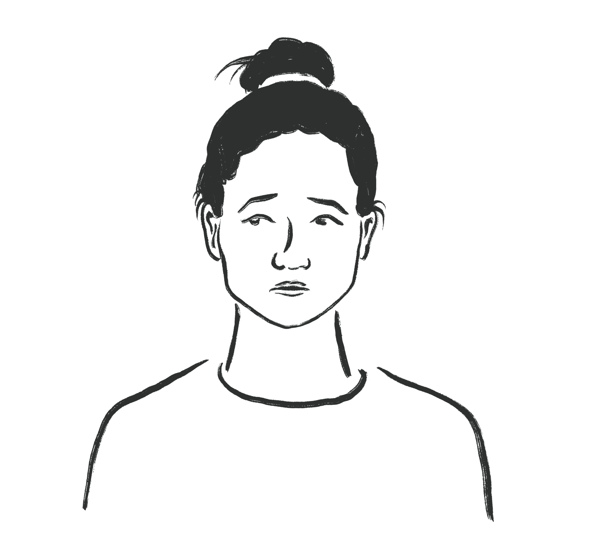 Tegnet illustrasjon av en jente. Hun ser usikker og lei seg ut. Blikket ser bort til høyre side.